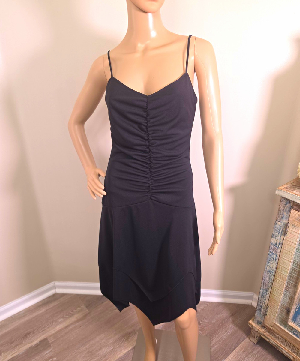 ALYN PAIGE Black Slip Dress V-Neck Ruched Strappy Knee Length Made in USA S
